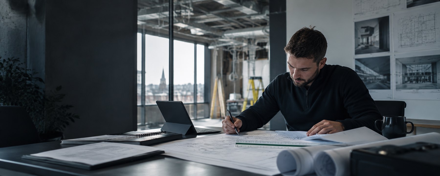 Electrical designer reviewing technical plans and project drawings
