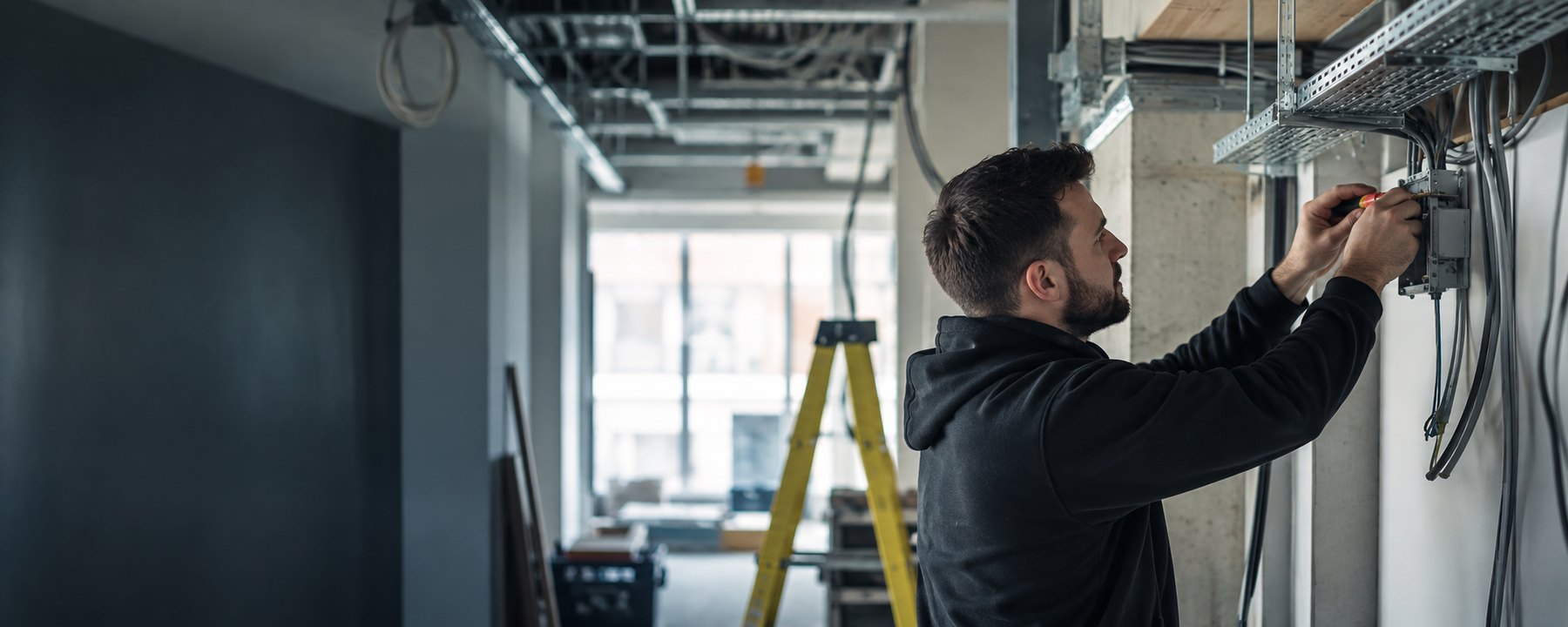 Electrician carrying out electrical installation work in a modern building