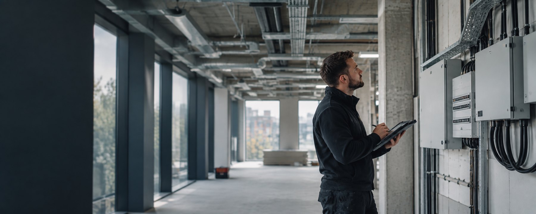 Electrical professional surveying an existing building and recording observations