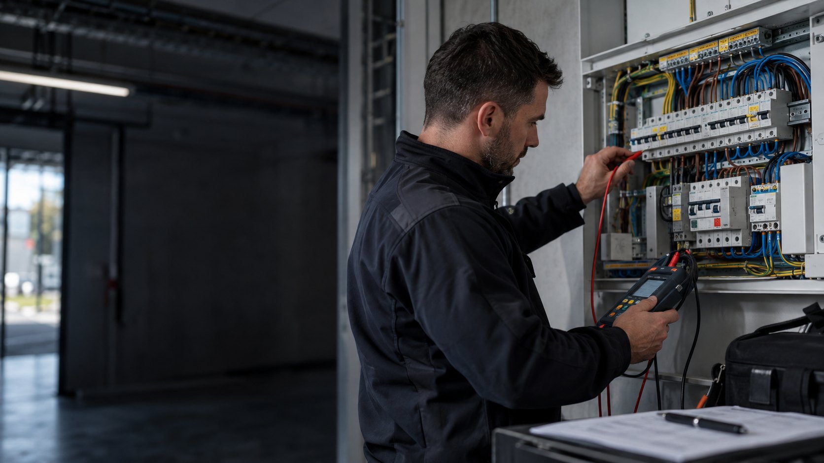 Electrical specialist carrying out testing at a distribution board